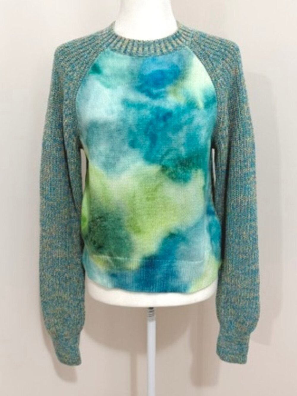 Anthropologie Watercolor Tie Dye Raglan Knit Blue Green Sweater Size XS
